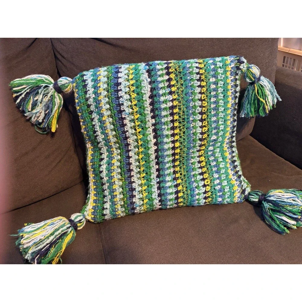 Handmade crochet throw pillow stripes tassels grannycore boho vintage blue green